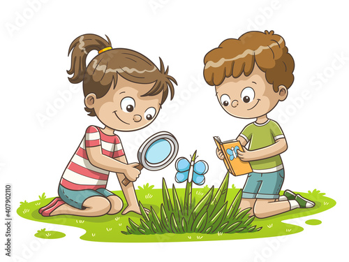 Boy and girl watching a butterfly. Hand drawn vector illustration with separate layers.