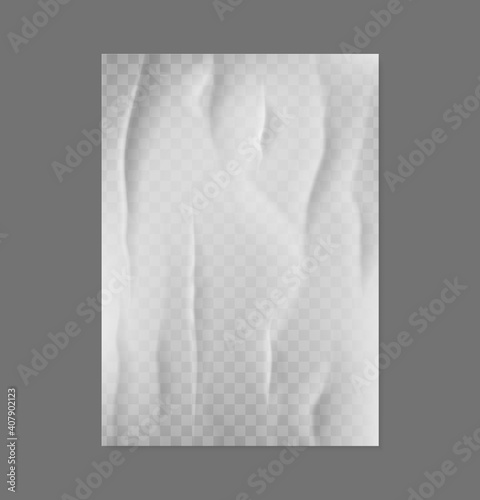 Glued paper. Realistic blank creased poster. 3D white crumpled page with folds. Empty wrinkled document, isolated rough note sheet. Transparent textured template for text and drawing. Vector mockup