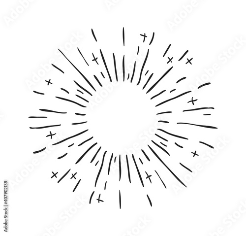 Hand drawn decorative starburst. Outline shining star with round frame and copy space. Isolated minimal explosion or firework. Contour line sketch of radial sunbeams. Flat style vector template