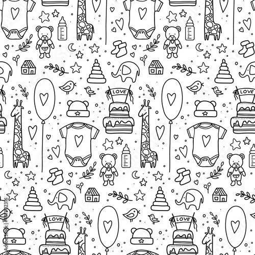 hand drawn baby seamless pattern. Vector illustration. doodle baby pattern isolated. Kid birthday pattern with balloons, flags, toys, bottle, cake, twigs, hearts, clothes,