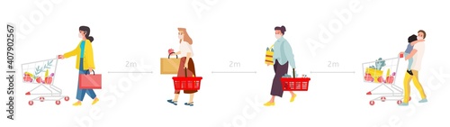Social distance concept. People in medical masks with shopping trolley queuing at grocery or supermarket, safe distancing in public places, covid-19 prevention, vector cartoon horizontal illustration