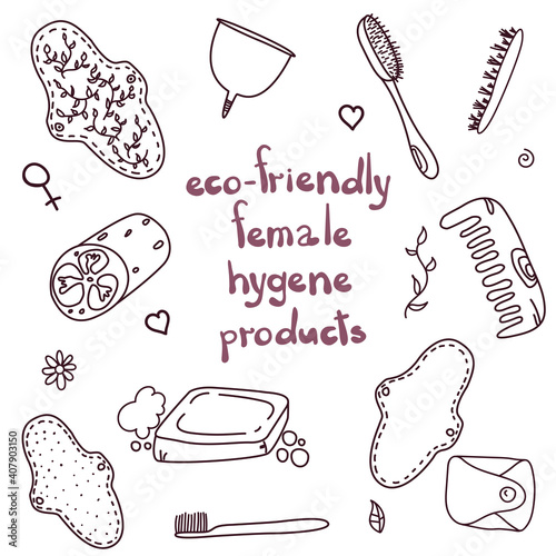 Female ecology accessories in doodle style isolated on white background. Zero waste. Female hygiene products. Menstrual cup and cloth pad , wooden comb, reusable gasket.