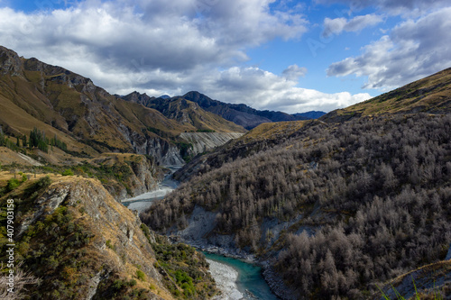 Kawarau River on a sunny day, famous for first commercial bungy jumping site