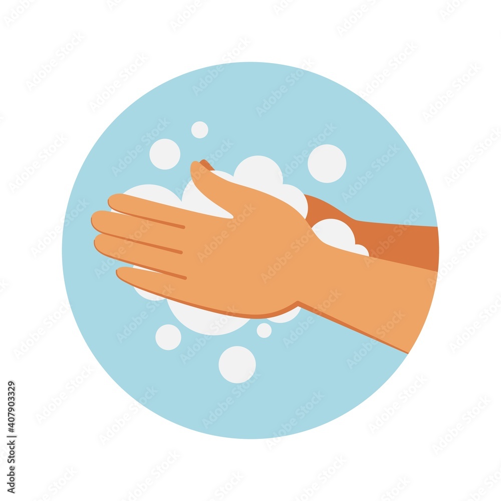 Soap hand wash. Cleaning process. Round icon with cartoon soapy arms. Human limbs and cleanser foam. Sanitary and hygiene safety. Isolated information sign for toilet. Vector flat style poster