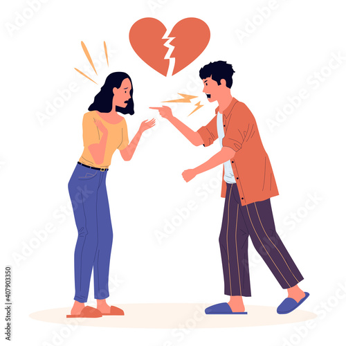 Divorce. Cartoon couple dissolution. Angry quarrel between man and woman. Young people shouting. Family conflict or dispute scene, problem in relations. Isolated broken heart sign. Vector illustration
