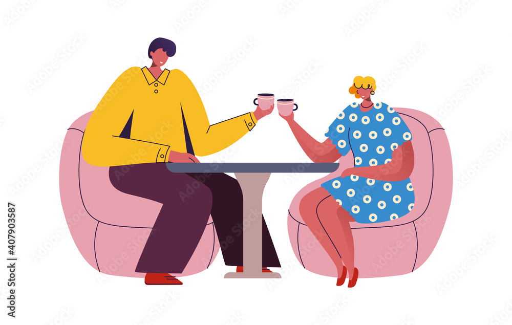 Couple in cafe. Cartoon man and woman sitting at table and drinking tea or  coffee. Cute young people spending time together and communicating. Date of  lovers in restaurant. Vector illustration Stock Vector |