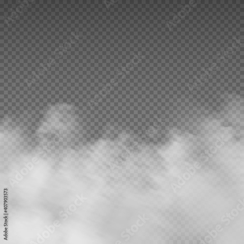 Smoke effect. Realistic white mist. Rising steam or gas on transparent background. Mysterious smog. Cloud of powder and dust, mockup for cloudy sky. Spooky fog, mystic fume. Vector decorative template