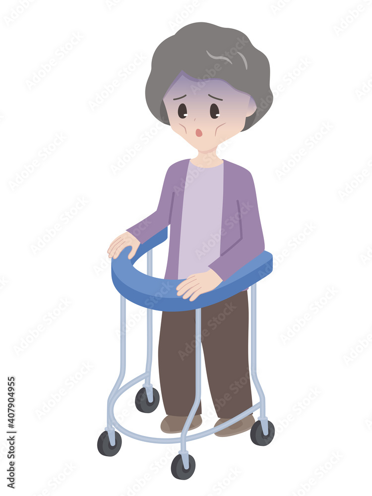 歩行器で歩く痩せたおばあちゃんのイラスト_フレイル