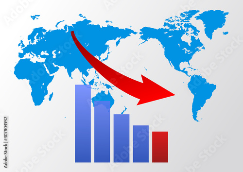 世界地図と下降グラフと矢印