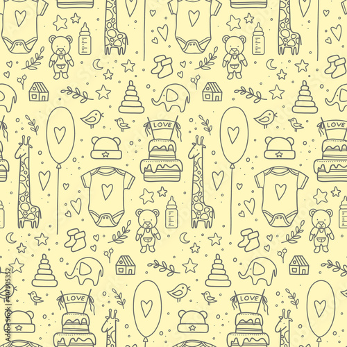 hand drawn baby seamless pattern. Vector illustration. doodle baby pattern isolated. Kid birthday pattern with balloons, flags, toys, bottle, cake, twigs, hearts, clothes,