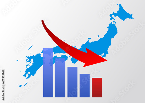 日本地図と下降グラフと矢印