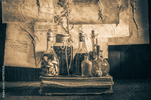 Odd herbal workshop with dried cards and plant descriptions