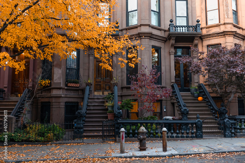 Row of Beautiful Old Brownstone Homes in Park Slope Brooklyn New York with Colorful Trees during Autumn along a Sidewalk