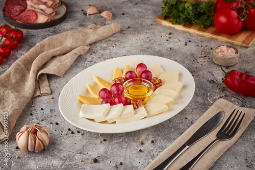 Cheese platter, various types of cheese for a snack