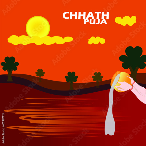 Chhath Puja vector illustration with kalash in sunset background.