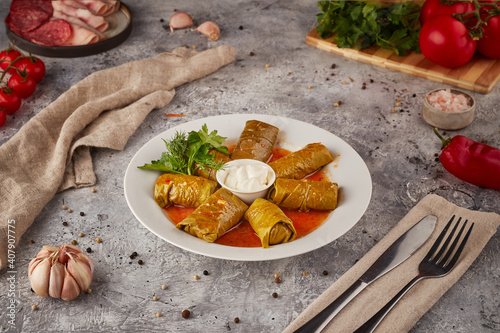 Stuffed roll with rice and stew, textured background photo