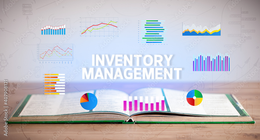 Open book with INVENTORY MANAGEMENT inscription, new business concept Open book with INVENTORY MANAGEMENT inscription, new business concept