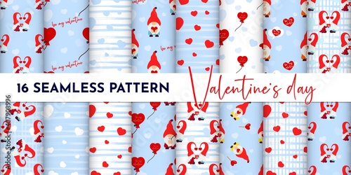 Set of Seamless pattern with gnome couple, heart, texture stripes. Valentines day background. Love concept. For wallpaper, gift box, scrapbooking, clothes fabric textile Vector cute backdrop