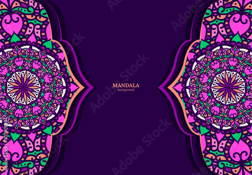 Vector vintage decor, ornate seamless borders and round mandala. Vignettes with arches, rosettes, floral elements. Eastern style design. Ethnic decoration. Indian, Pakistani, Turkish, Arabic motifs.