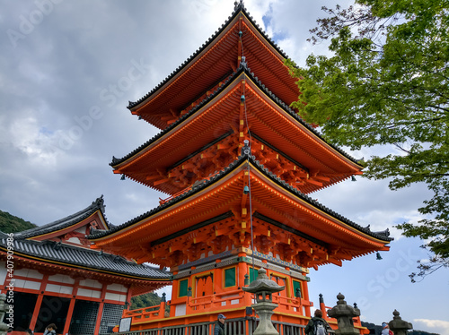KYOTO, JAPAN - APRIL 5, 2018: The Kiyomizudera Temple - Temple of Pure Water in Kyoto. Popular and famous place among tourists.