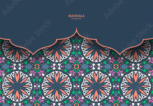 Vector vintage decor, ornate seamless borders and round mandala. Vignettes with arches, rosettes, floral elements. Eastern style design. Ethnic decoration. Indian, Pakistani, Turkish, Arabic motifs.