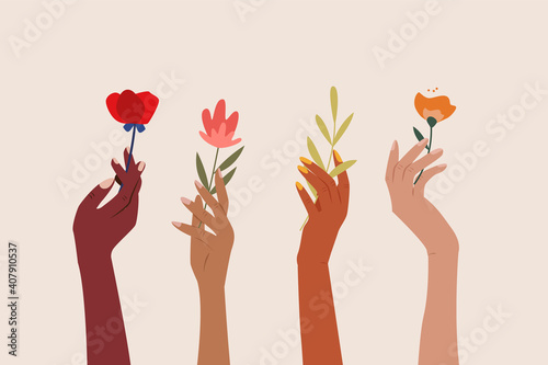 Set of female hands holding beautiful flowers. Different skin colored elegant woman hands isolated. Happy international women's day. Girl power. Feminism. Modern vector illustration in flat style