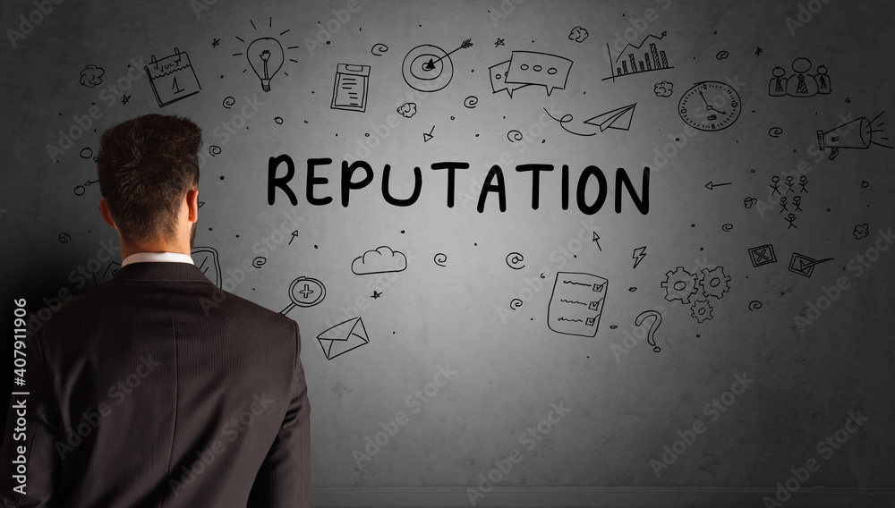 businessman drawing a creative idea sketch with REPUTATION inscription, business strategy concept businessman drawing a creative idea sketch with REPUTATION inscription, business strategy concept