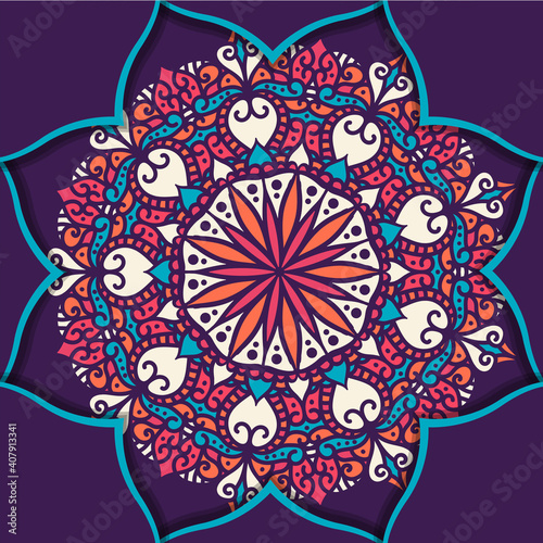 Indian floral paisley ornament pattern. Ethnic Mandala towel, yoga mat print. Vector Henna tattoo style. Can be used for textile, greeting business card background, coloring book, phone case