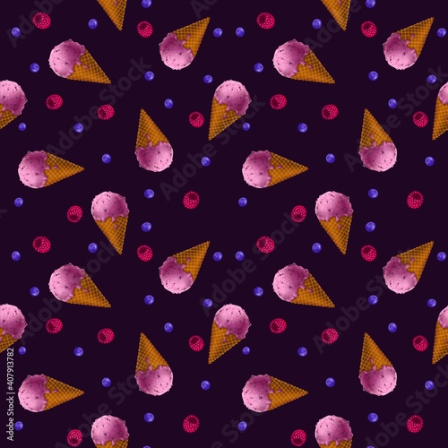 Сolored background with ice cream and berries on a dark background. Digital art