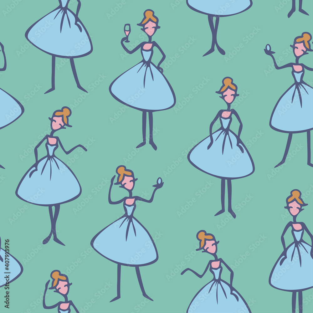 Vector seamless pattern with ladies cartoon characters. Lady in blue dress in different poses. Vector seamless pattern with ladies cartoon characters. Lady in blue dress in different poses.