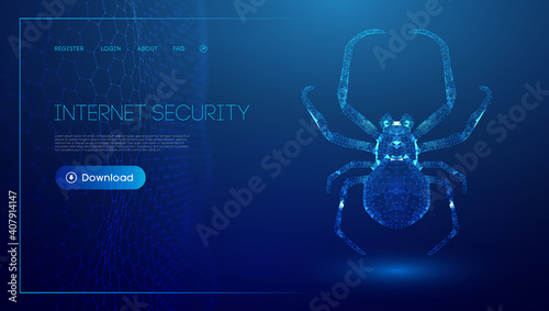 Virus spider in low poly style on blue background. Cybercryme technology network web vector illustration. Internet fraud abstract vector background. Cyber criminal hacker attack.