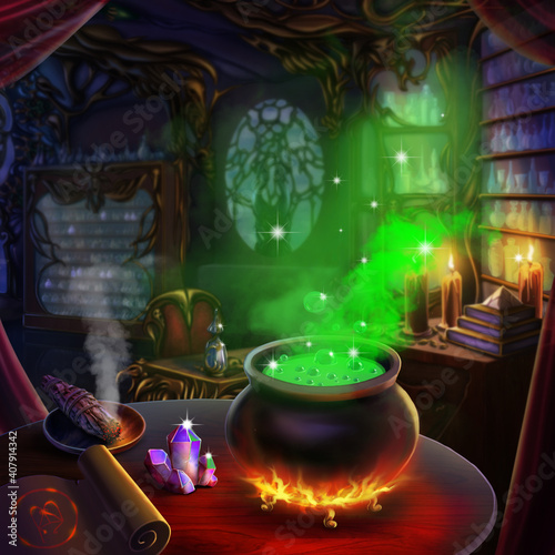 Illustration with magic ritual and magic pot. Digital art