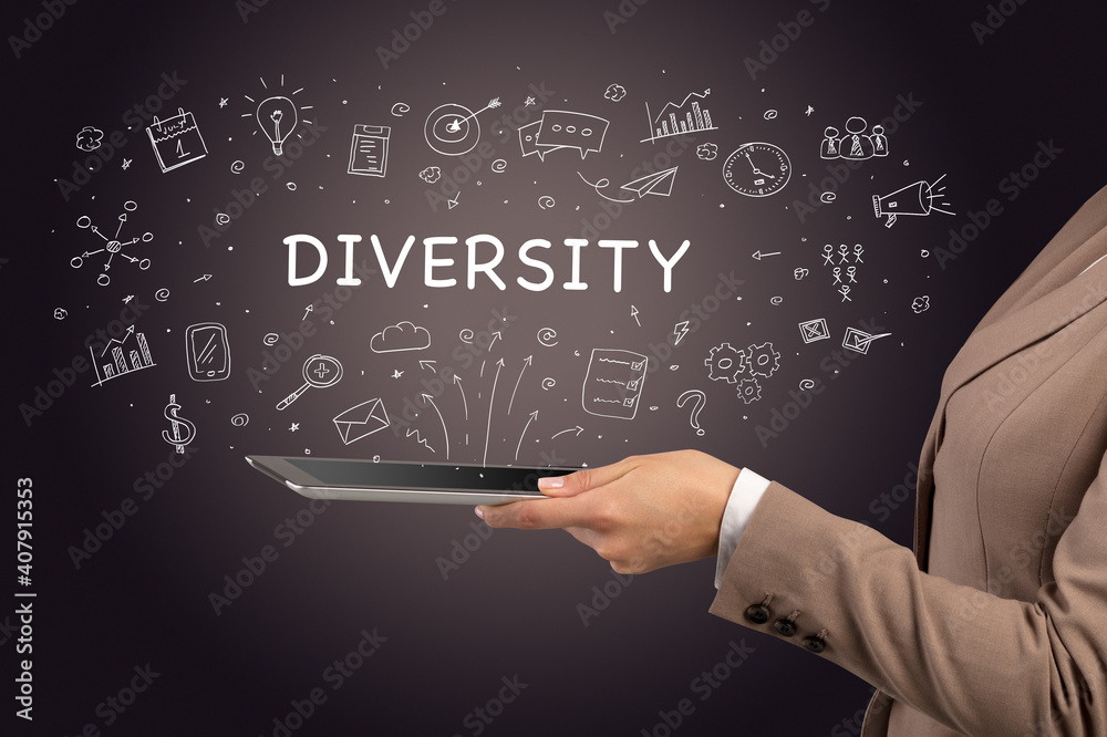 Close-up of a touchscreen with DIVERSITY inscription, social media concept Close-up of a touchscreen with DIVERSITY inscription, social media concept