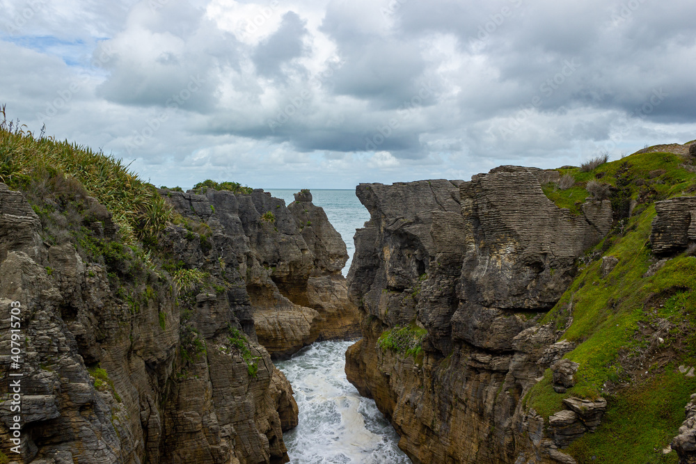 Pancake Rocks at Punakaiki seen from the lookout, West Coast, South Island, New Zealand