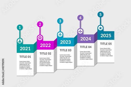 Timeline infographic with 5 options. Business plan concept. Chart illustrating phases, steps, processes. 5 year strategy workflow diagram. Design template with 3D numbered labels. Vector illustration