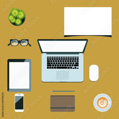Modern Workspace Background Yellow with Coffee Cup Smartphone Paper Notebook Tablet and Laptop Paper Flat Design