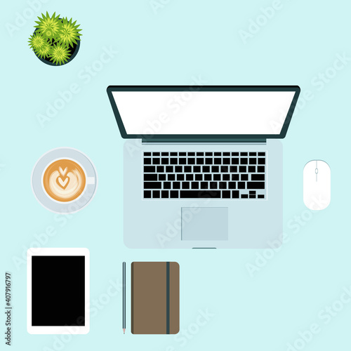 Stock Market Graph Computer Laptop Top View Business with Coffee, Note, Notebook, Pencil, Pen, Tablet White Screen