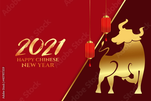 Chinese happy new year of ox greetings with lanterns 2021