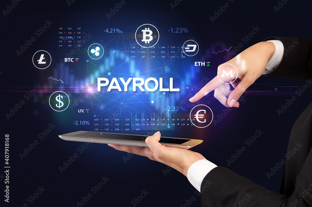 Obraz premium Close-up of a touchscreen with PAYROLL inscription, business opportunity concept