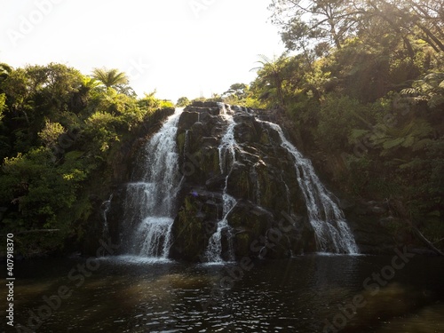 Panorama view of tropical waterfall cascade Owharoa falls Karangahake Gorge Waikino Waikato North Island New Zealand photo