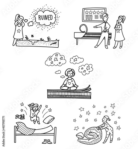 Hand drawn vector set of mattress doodle consepts. Include girl jumping on her bed, woman meditating on layered matress, girl replacing her ruined mattress, sleepy man folding his bed. photo