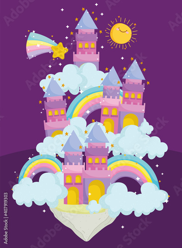 princess tale cartoon castles with rainbows clouds fantasy