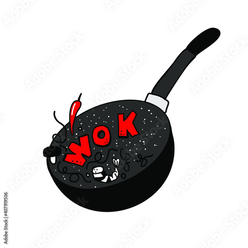 Wok frying pan icon. Vector illustration.
Wok asian food logo for thai or chinese restaurant.