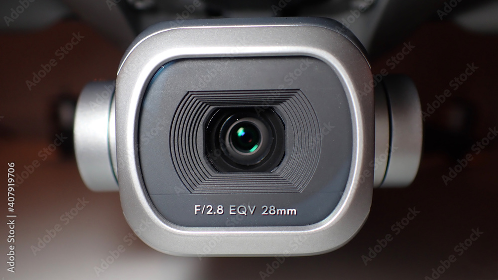 Macro detail black and white photo of latest technology drone 4K camera stabilised gimbal