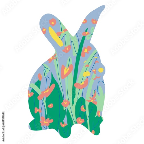 Rabbit silhouette standing illustrated with flowers and grass. Easter Bunny flat illustration