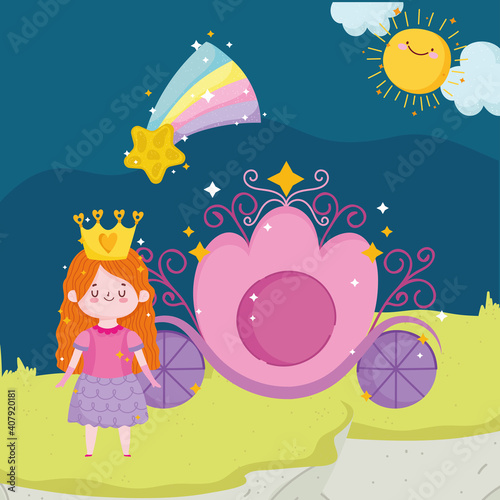 princess tale cartoon girl with crown carriage shooting star sky