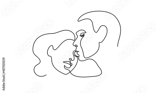 Portrait of couple man and woman in love kissing. Continuous One Line