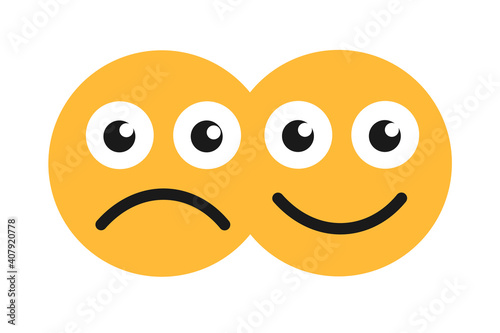 Bipolar disorder and schizophrenia - one person has positive happy and negative sad mood and emotion. Emotional and personal mental bipolarity. Vector illustration isolated on white.