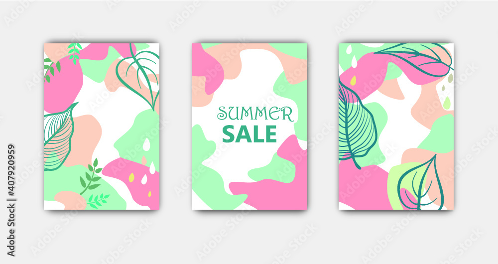 Set of abstract floral background designs for summer holiday with leaves. Card templates for summer sale, social media promotional content. Vector illustration Set of abstract floral background designs for summer holiday with leaves. Card templates for summer sale, social media promotional content. Vector illustration