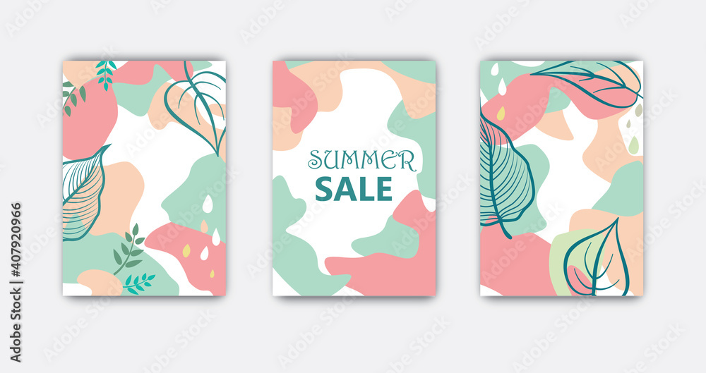 Set of abstract floral background designs for summer holiday with leaves. Advert card templates for summer sale, social, media promotion